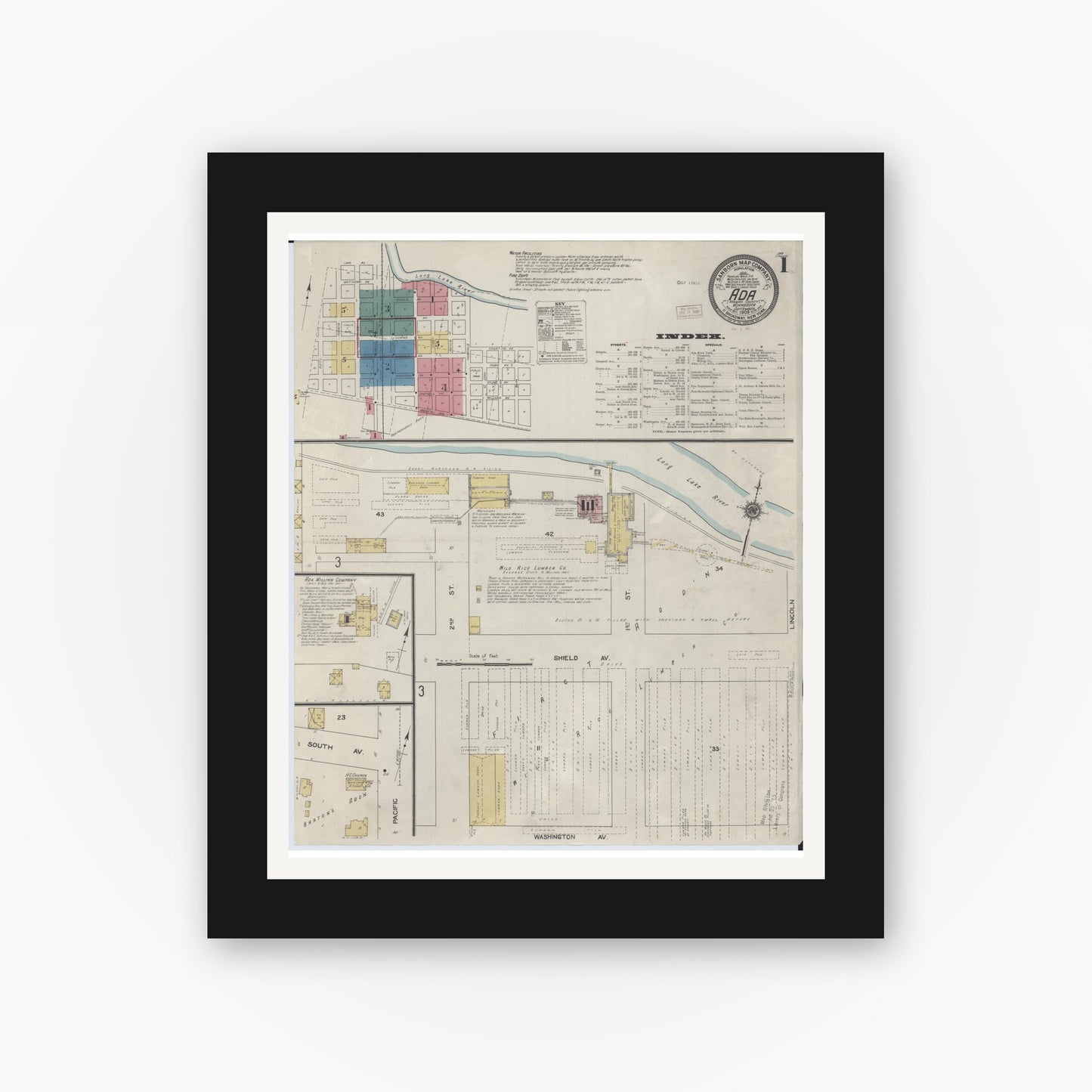 Old map wall art mockup — black gallery frame with white mat — Sanborn Fire Insurance Map from Ada, Norman County, Minnesota (1909), Sheet #0001