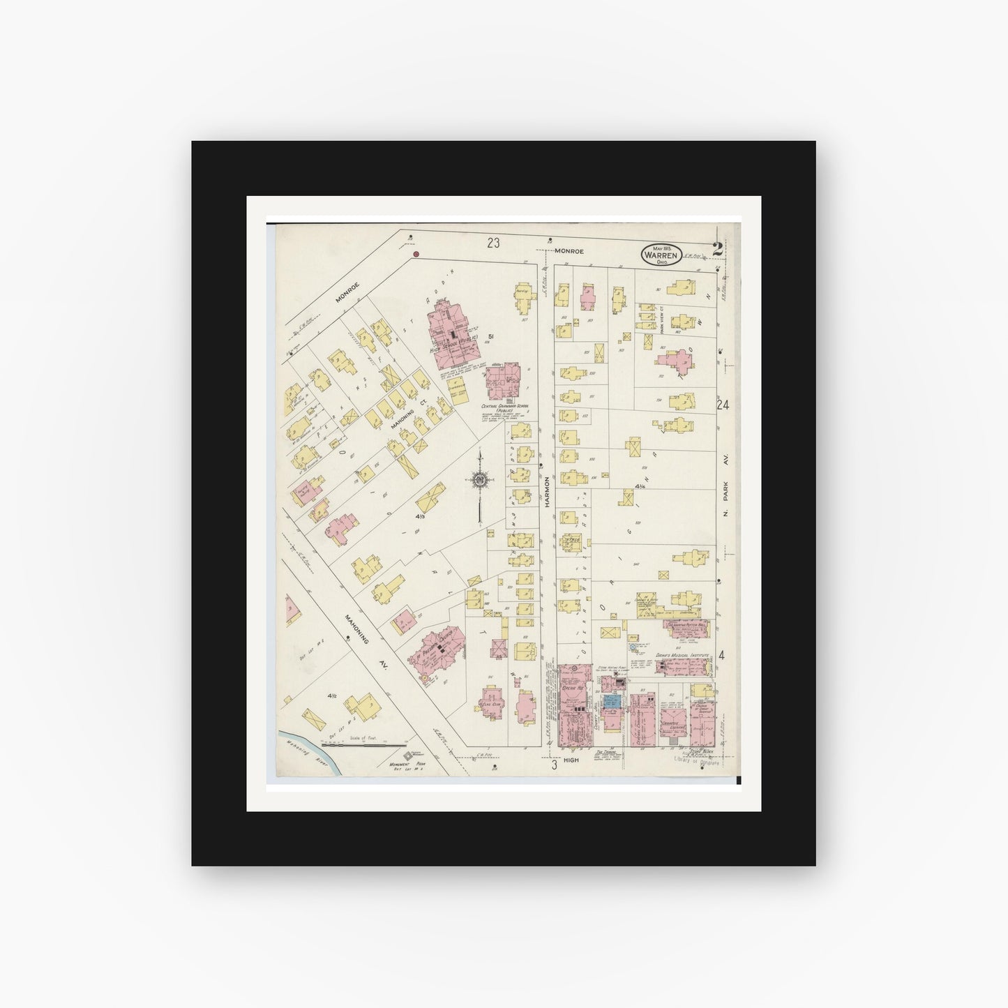 Old map wall art mockup — black gallery frame with white mat — Sanborn Fire Insurance Map from Warren, Trumbull County, Ohio (1915), Sheet #0002