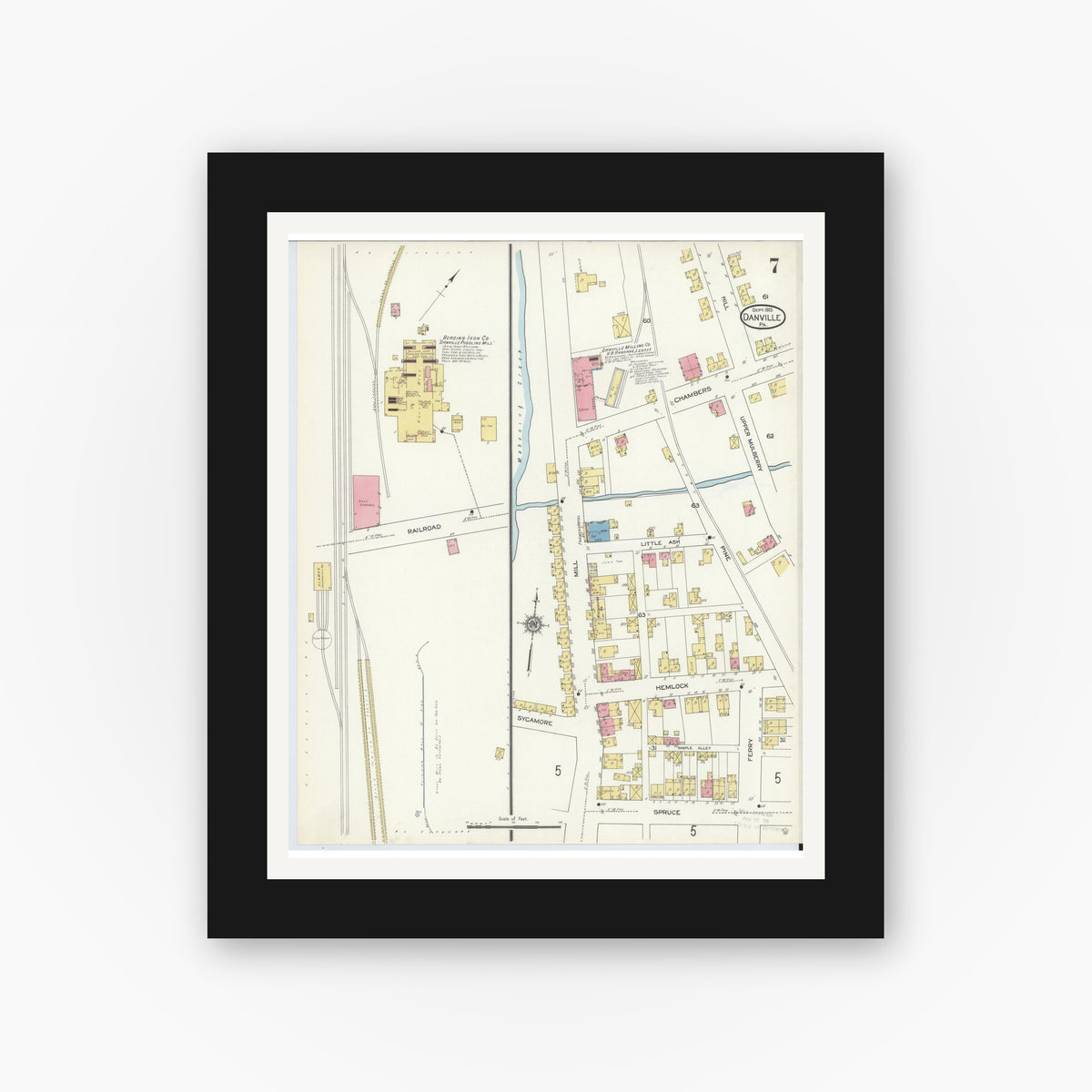 Old map wall art mockup — black gallery frame with white mat — Sanborn Fire Insurance Map from Danville, Montour County, Pennsylvania (1913), Sheet #0007