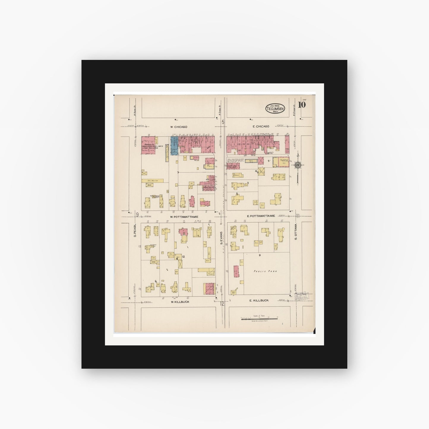 Old map wall art mockup — black gallery frame with white mat — Sanborn Fire Insurance Map from Tecumseh, Lenawee County, Michigan (1922), Sheet #0010
