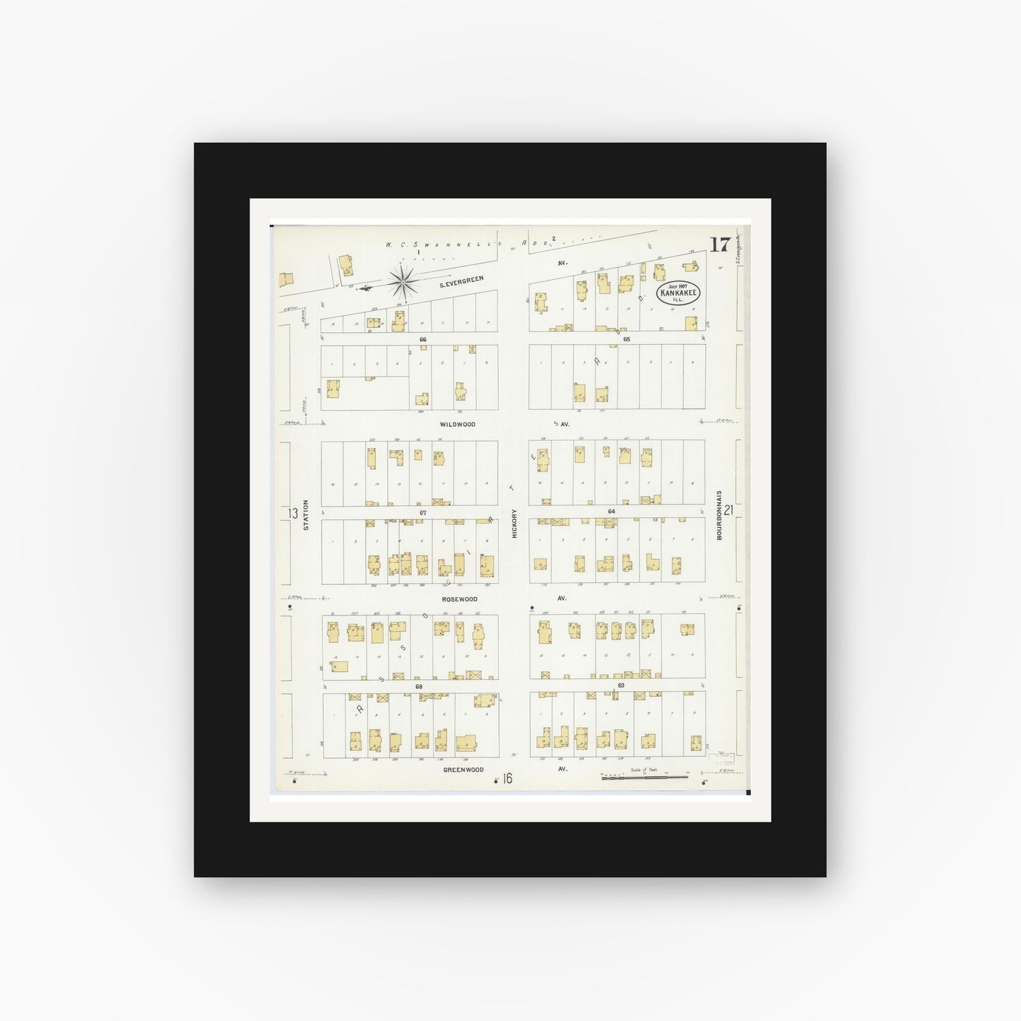 Old map wall art mockup — black gallery frame with white mat — Sanborn Fire Insurance Map from Kankakee, Kankakee County, Illinois (1907), Sheet #0017