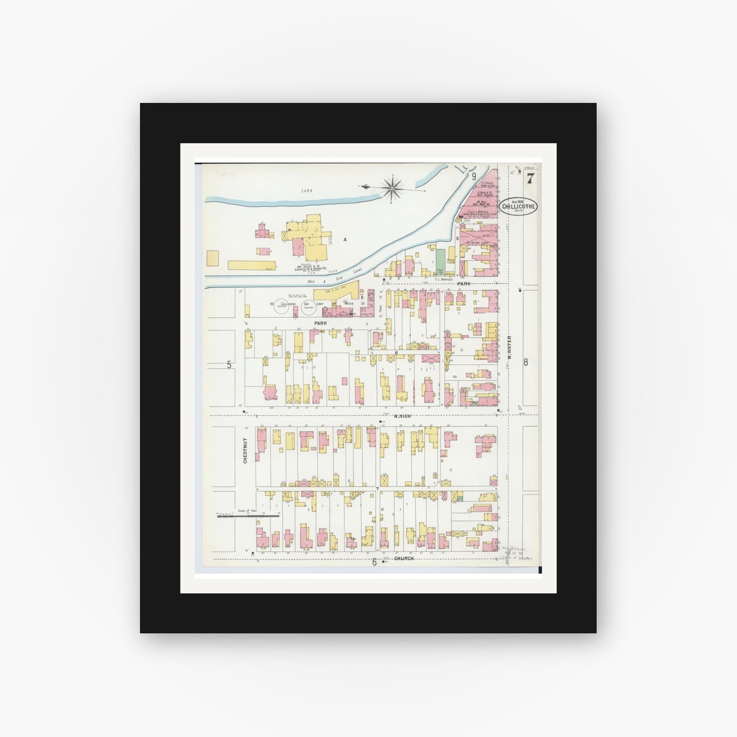 Old map wall art mockup — black gallery frame with white mat — Sanborn Fire Insurance Map from Chillicothe, Ross County, Ohio (1900), Sheet #0007