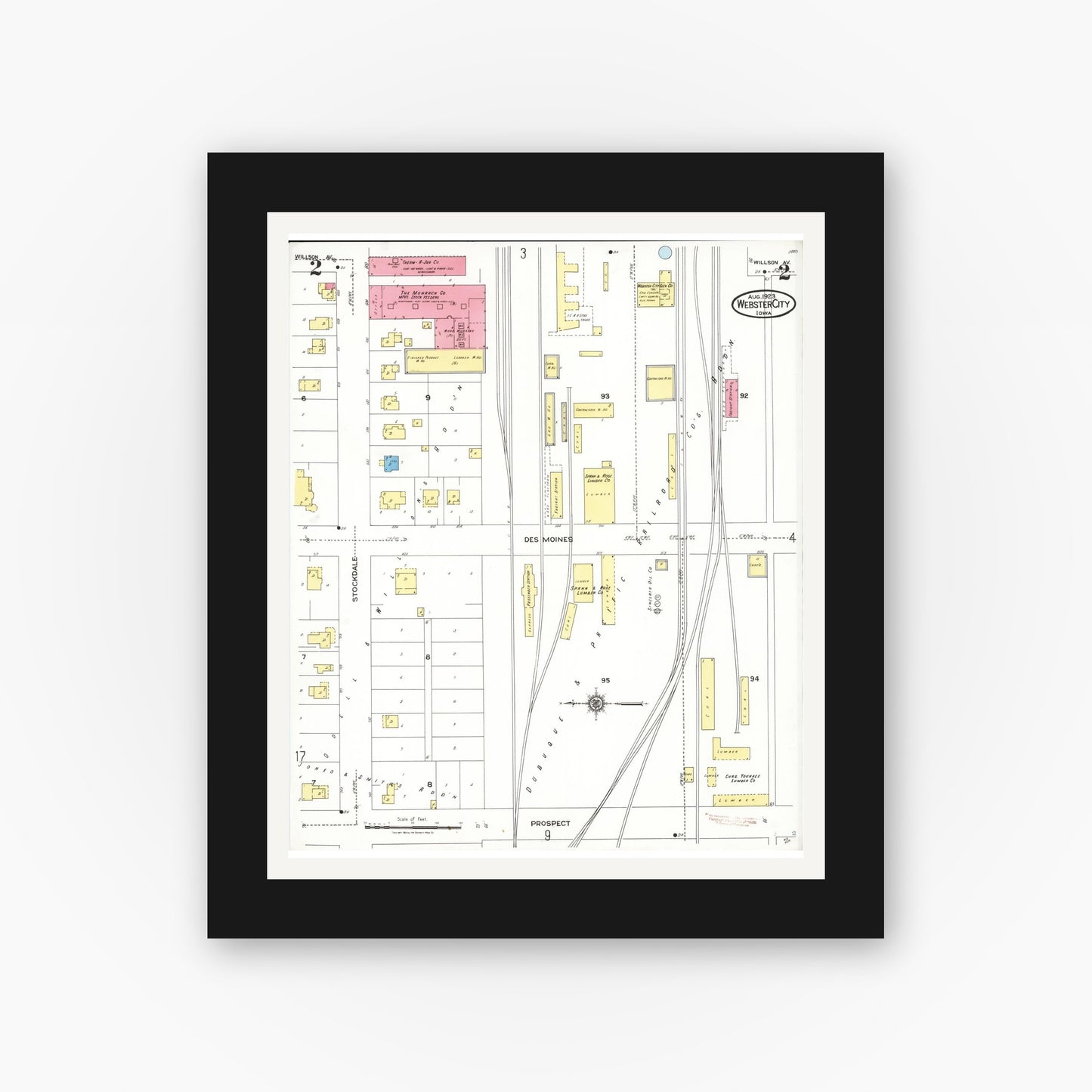 Old map wall art mockup — black gallery frame with white mat — Sanborn Fire Insurance Map from Webster City, Hamilton County, Iowa (1923), Sheet #0002
