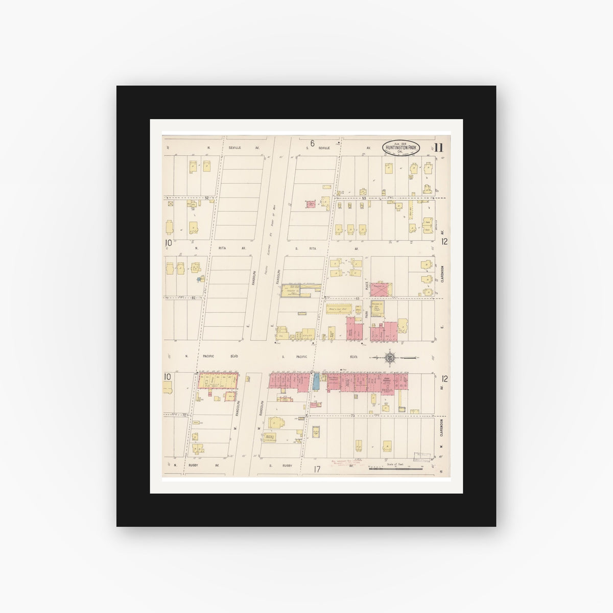 Old map wall art mockup — black gallery frame with white mat — Sanborn Fire Insurance Map from Huntington Park, Los Angeles County, California (1916), Sheet #0011