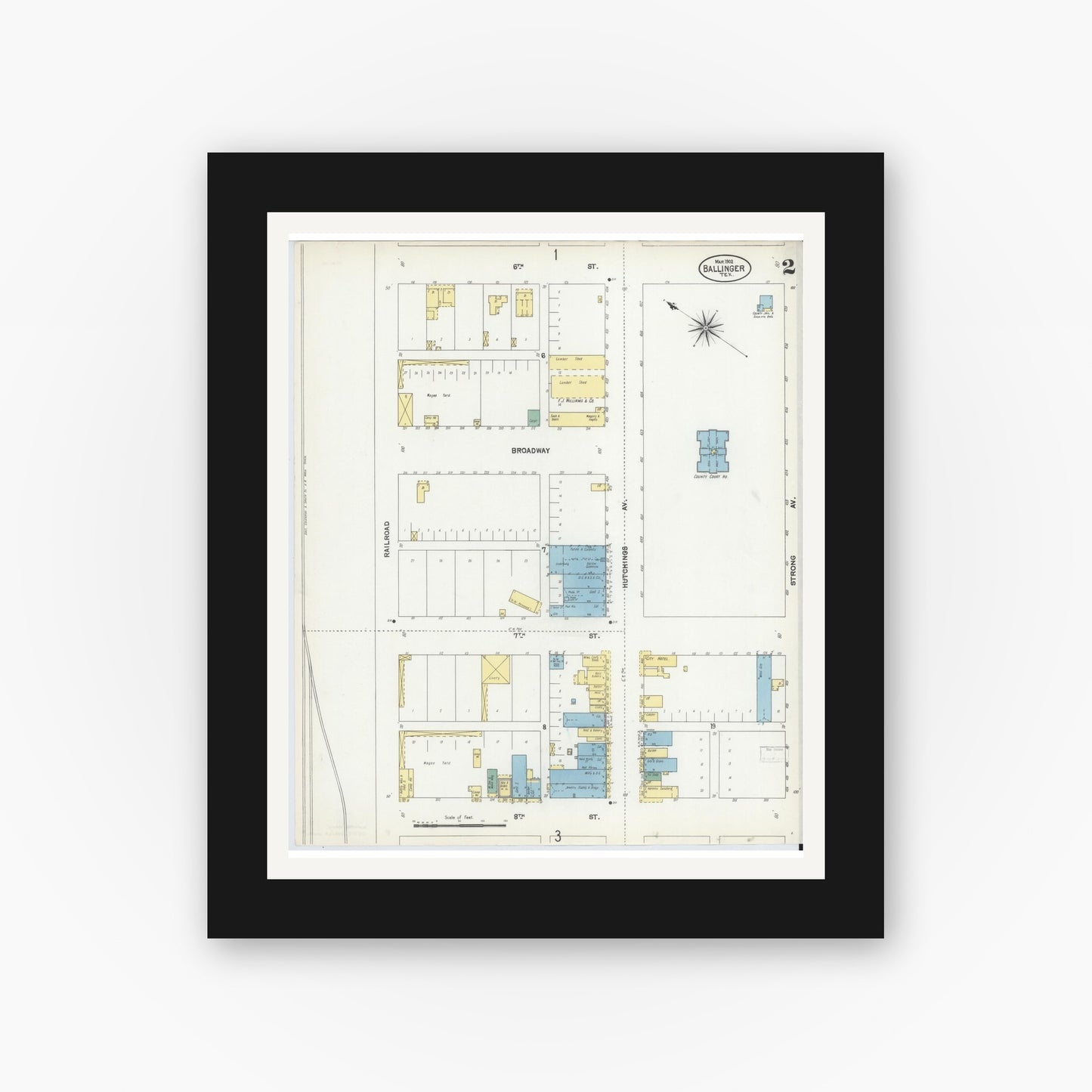 Old map wall art mockup — black gallery frame with white mat — Sanborn Fire Insurance Map from Ballinger, Runnels County, Texas (1902), Sheet #0002