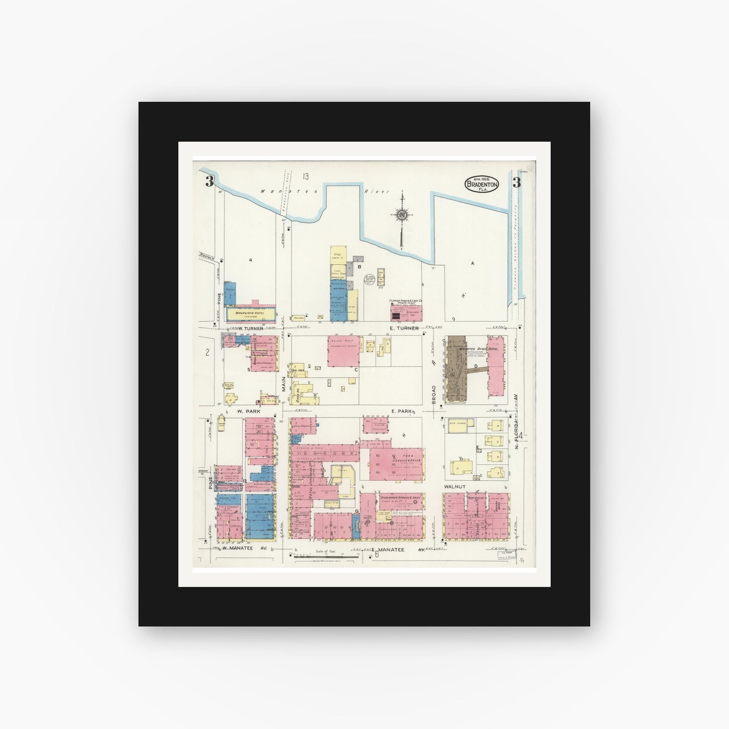 Old map wall art mockup — black gallery frame with white mat — Sanborn Fire Insurance Map from Bradentown, Manatee County, Florida (1926), Sheet #0003