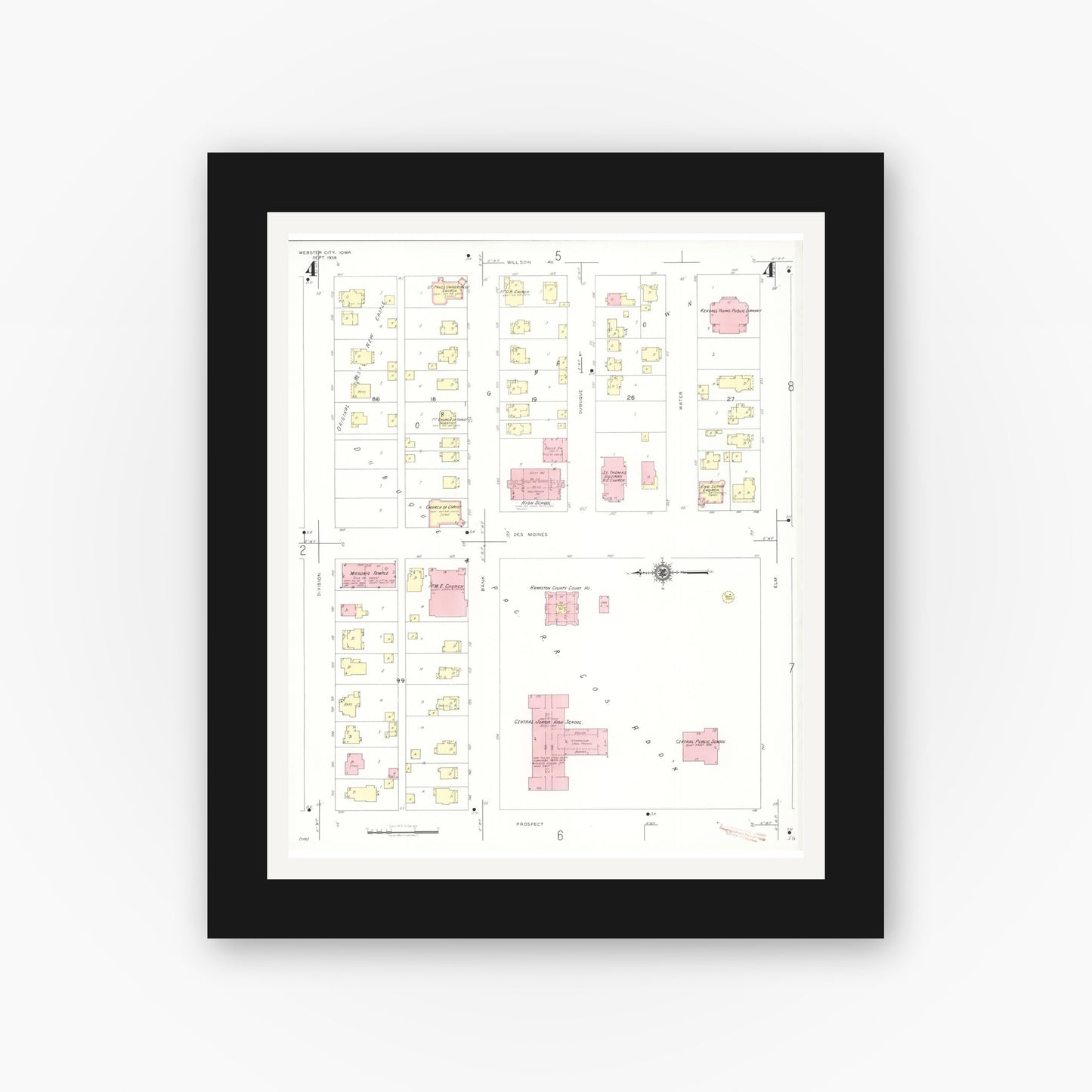 Old map wall art mockup — black gallery frame with white mat — Sanborn Fire Insurance Map from Webster City, Hamilton County, Iowa (1938), Sheet #0004