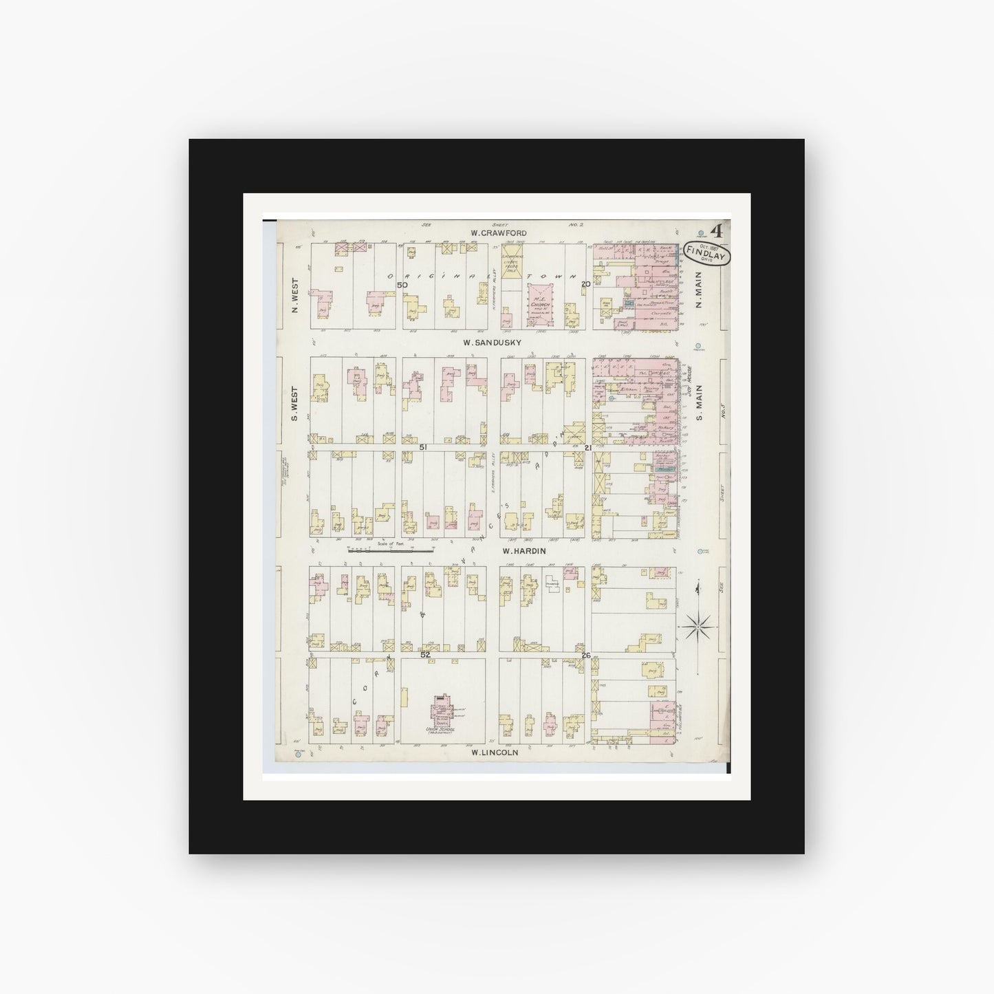 Old map wall art mockup — black gallery frame with white mat — Sanborn Fire Insurance Map from Findlay, Hancock County, Ohio (1887), Sheet #0004