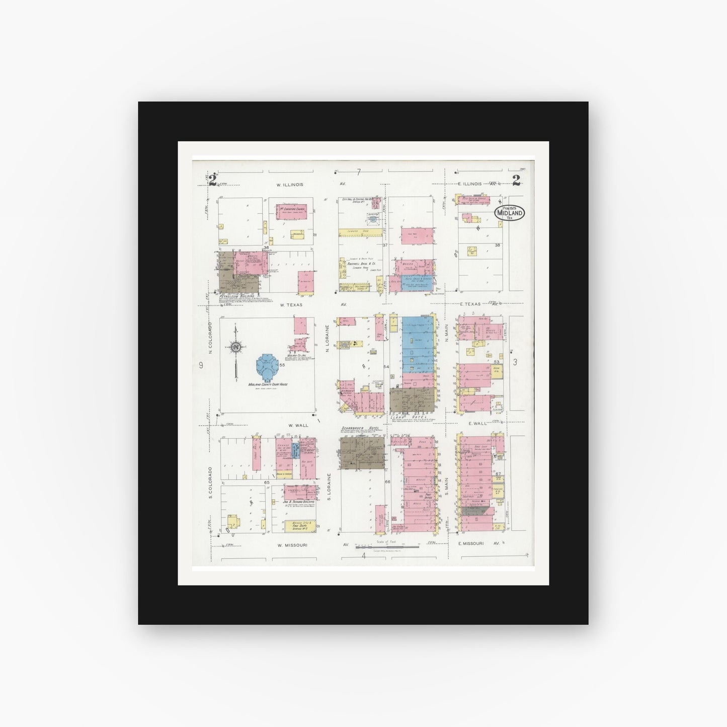 Old map wall art mockup — black gallery frame with white mat — Sanborn Fire Insurance Map from Midland, Midland County, Texas (1929), Sheet #0002