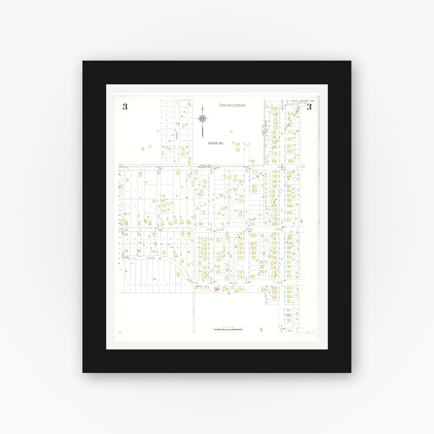 Old map wall art mockup — black gallery frame with white mat — Sanborn Fire Insurance Map from Valley Junction, Polk County, Iowa (1937), Sheet #0003
