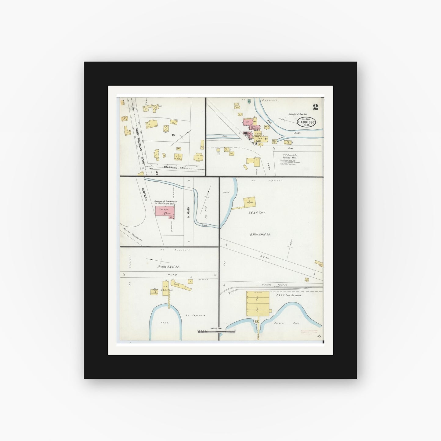 Old map wall art mockup — black gallery frame with white mat — Sanborn Fire Insurance Map from Uxbridge, Worcester County, Massachusetts (1903), Sheet #0002
