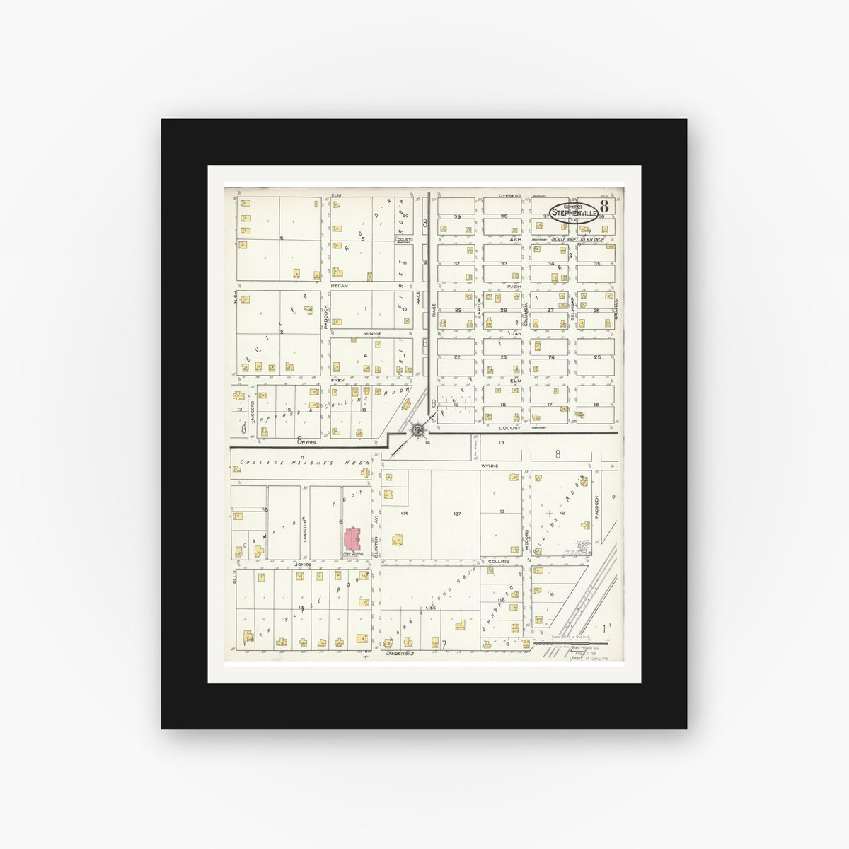 Old map wall art mockup — black gallery frame with white mat — Sanborn Fire Insurance Map from Stephenville, Erath County, Texas (1921), Sheet #0008