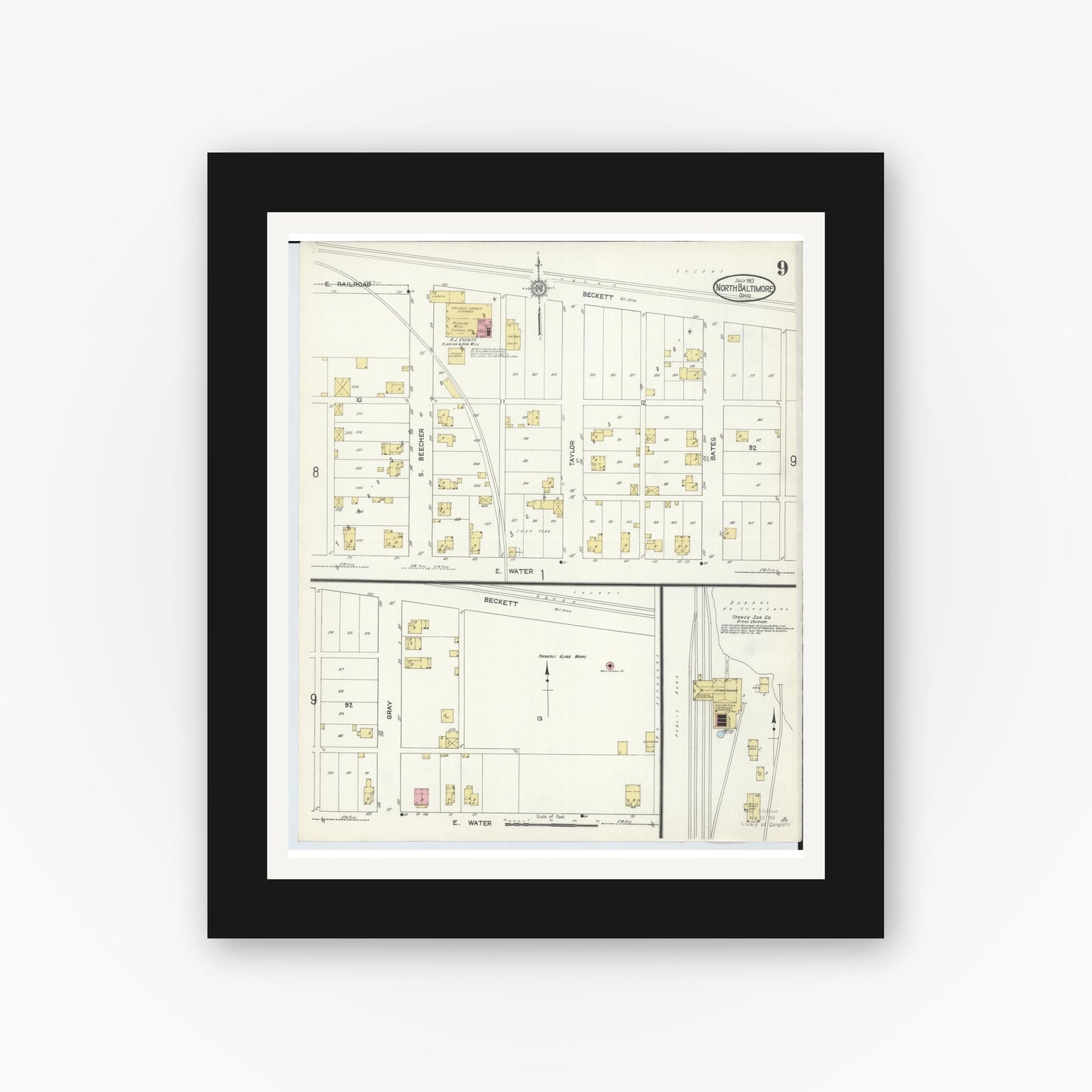 Old map wall art mockup — black gallery frame with white mat — Sanborn Fire Insurance Map from North Baltimore, Wood County, Ohio (1913), Sheet #0009