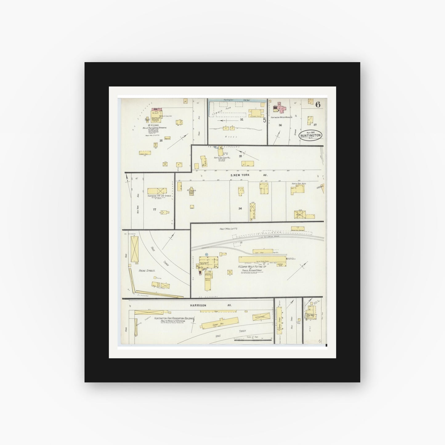 Old map wall art mockup — black gallery frame with white mat — Sanborn Fire Insurance Map from Huntington, Suffolk County, New York (1897), Sheet #0006