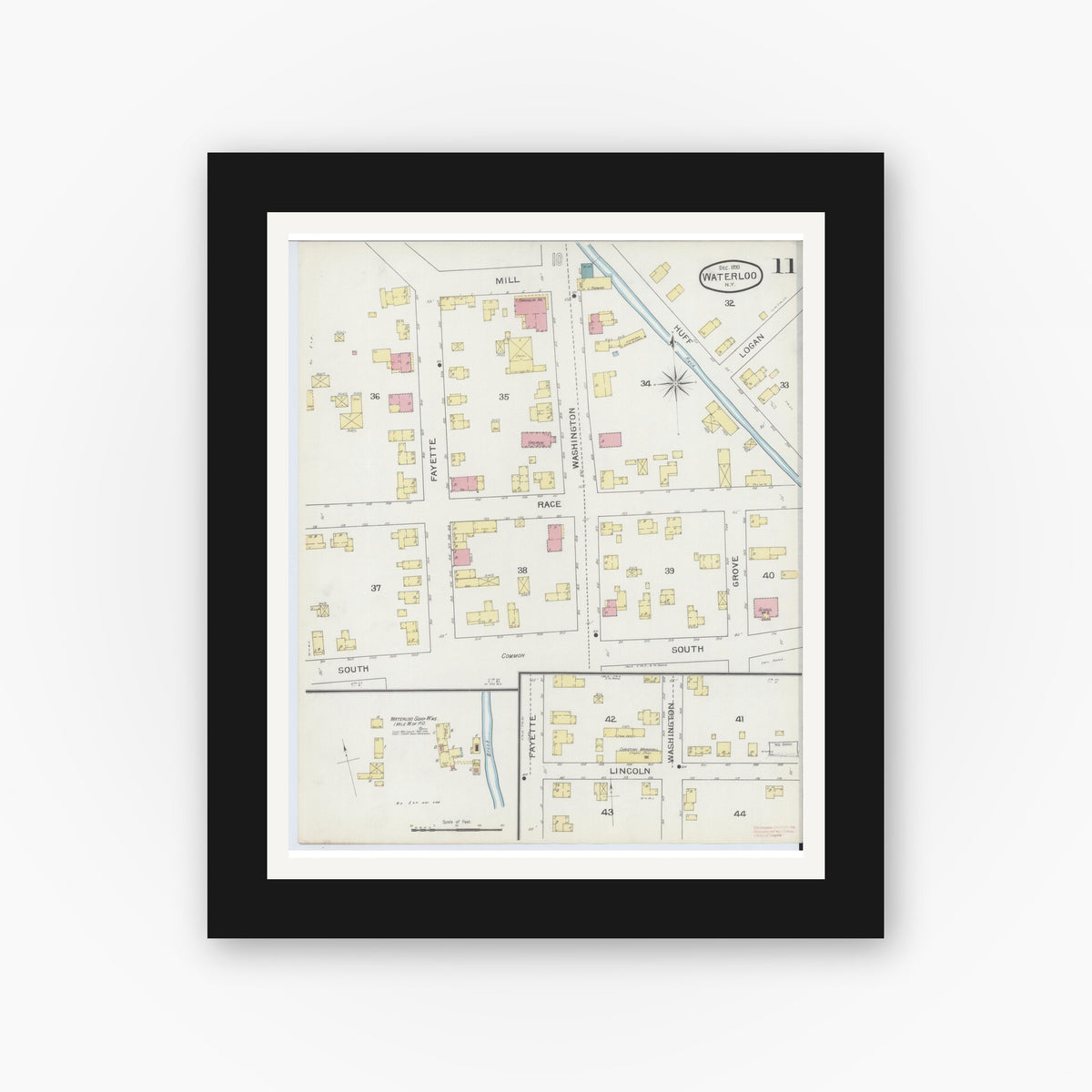 Old map wall art mockup — black gallery frame with white mat — Sanborn Fire Insurance Map from Waterloo, Seneca County, New York (1893), Sheet #0011