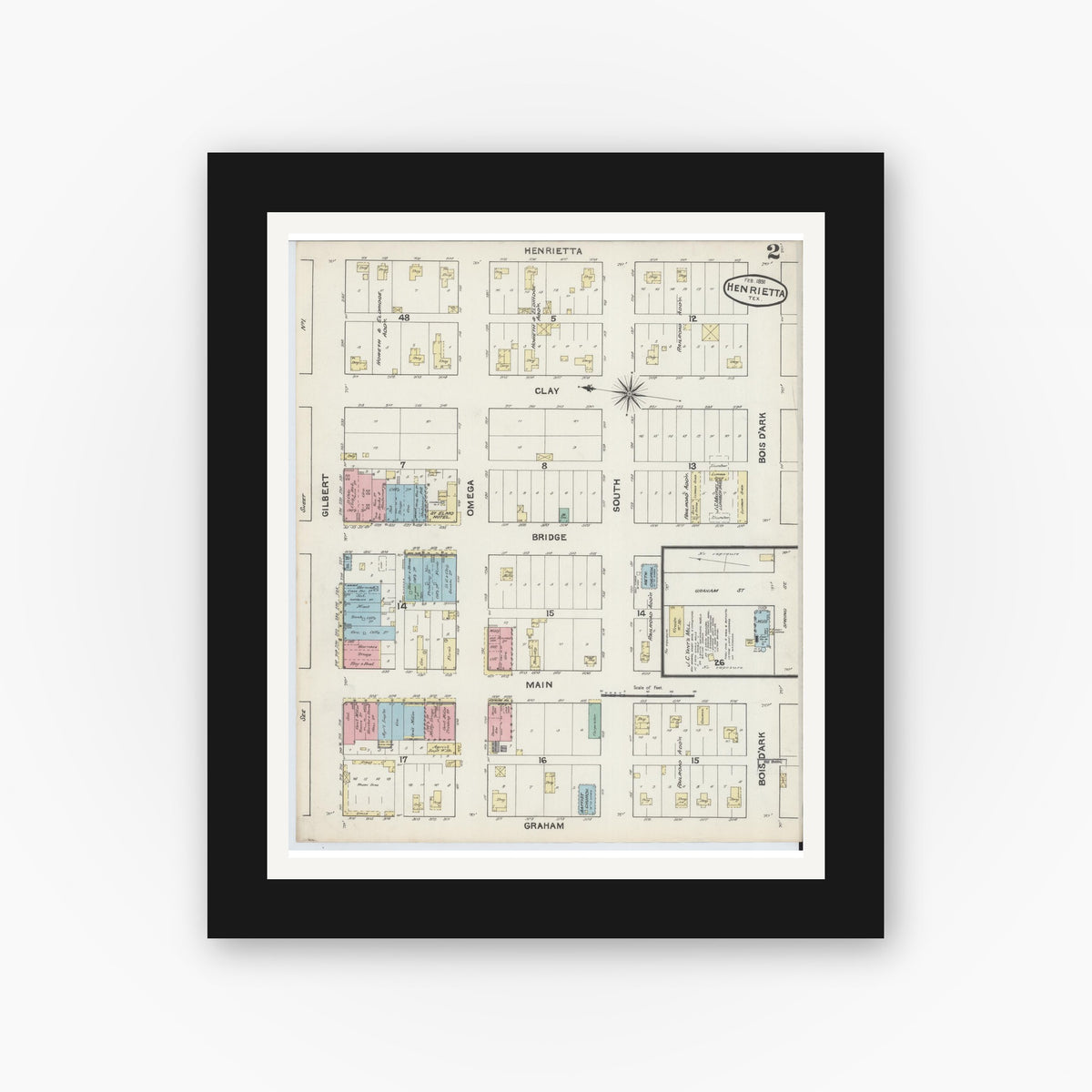 Old map wall art mockup — black gallery frame with white mat — Sanborn Fire Insurance Map from Henrietta, Clay County, Texas (1891), Sheet #0002