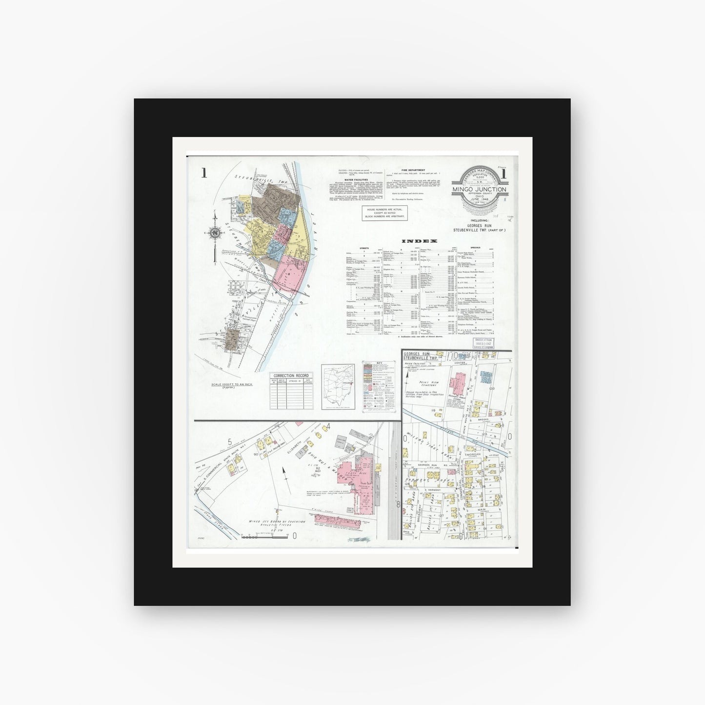 Old map wall art mockup — black gallery frame with white mat — Sanborn Fire Insurance Map from Mingo Junction, Jefferson County, Ohio (1946) - Complete Map Set