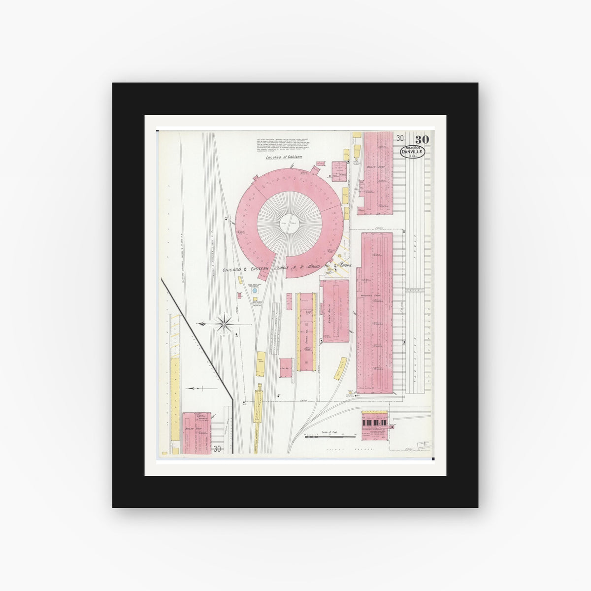 Old map wall art mockup — black gallery frame with white mat — Sanborn Fire Insurance Map from Danville, Vermilion County, Illinois (1909), Sheet #0030