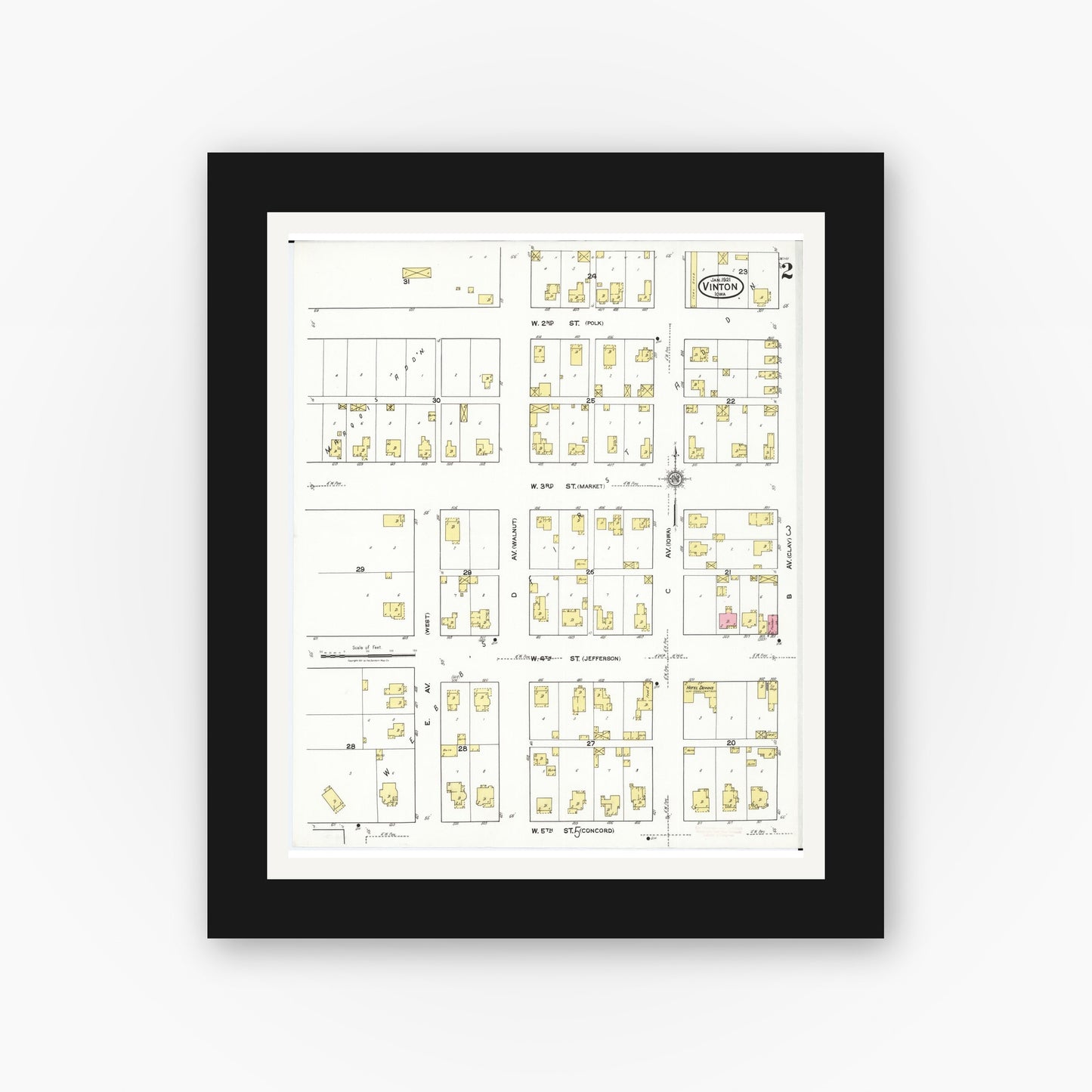 Old map wall art mockup — black gallery frame with white mat — Sanborn Fire Insurance Map from Vinton, Benton County, Iowa (1921), Sheet #0002
