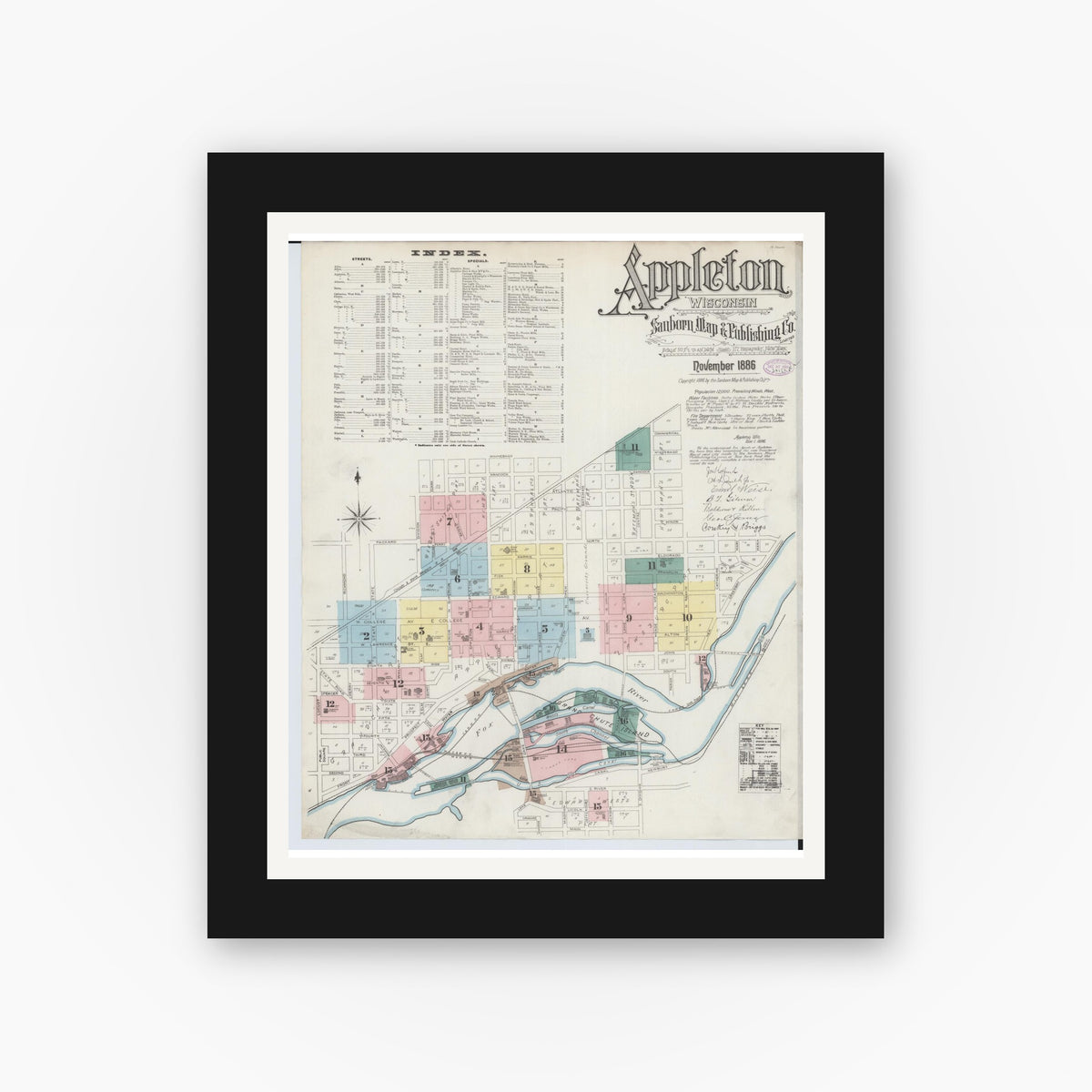 Old map wall art mockup — black gallery frame with white mat — Sanborn Fire Insurance Map from Appleton, Outagamie County, Wisconsin (1886) - Complete Map Set