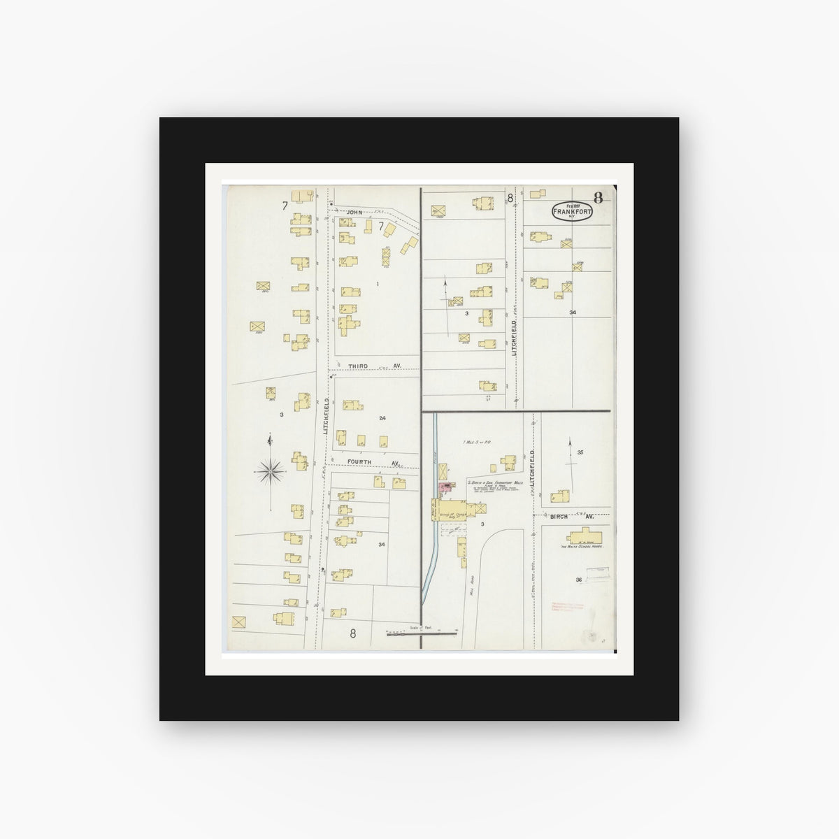 Old map wall art mockup — black gallery frame with white mat — Sanborn Fire Insurance Map from Frankfort, Herkimer County, New York (1897), Sheet #0008