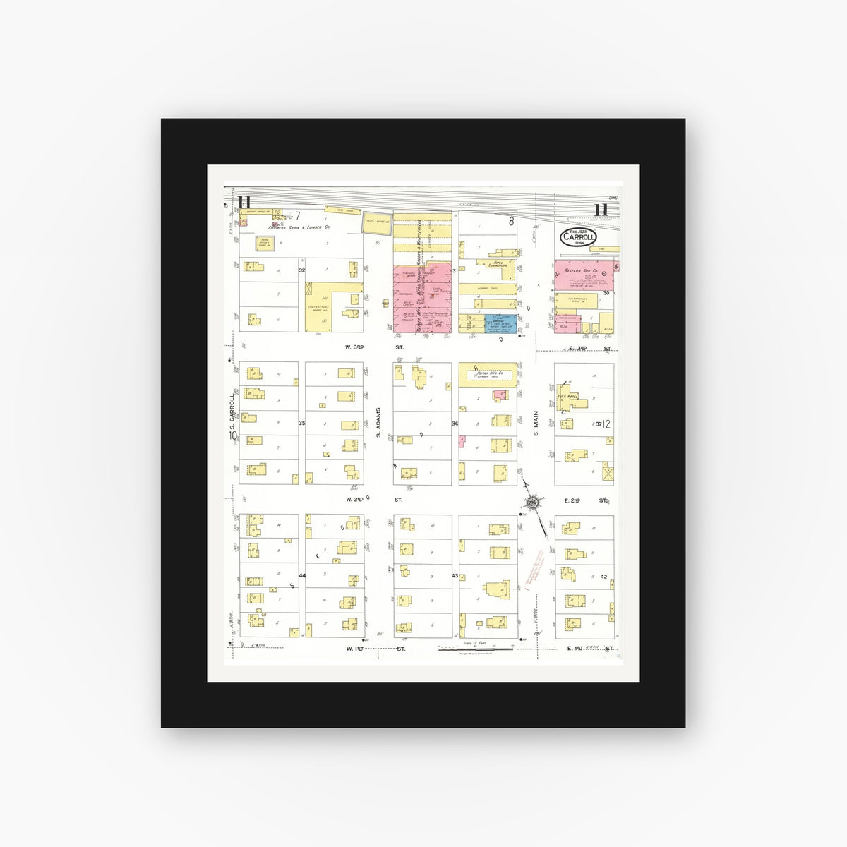 Old map wall art mockup — black gallery frame with white mat — Sanborn Fire Insurance Map from Carroll, Carroll County, Iowa (1923), Sheet #0011