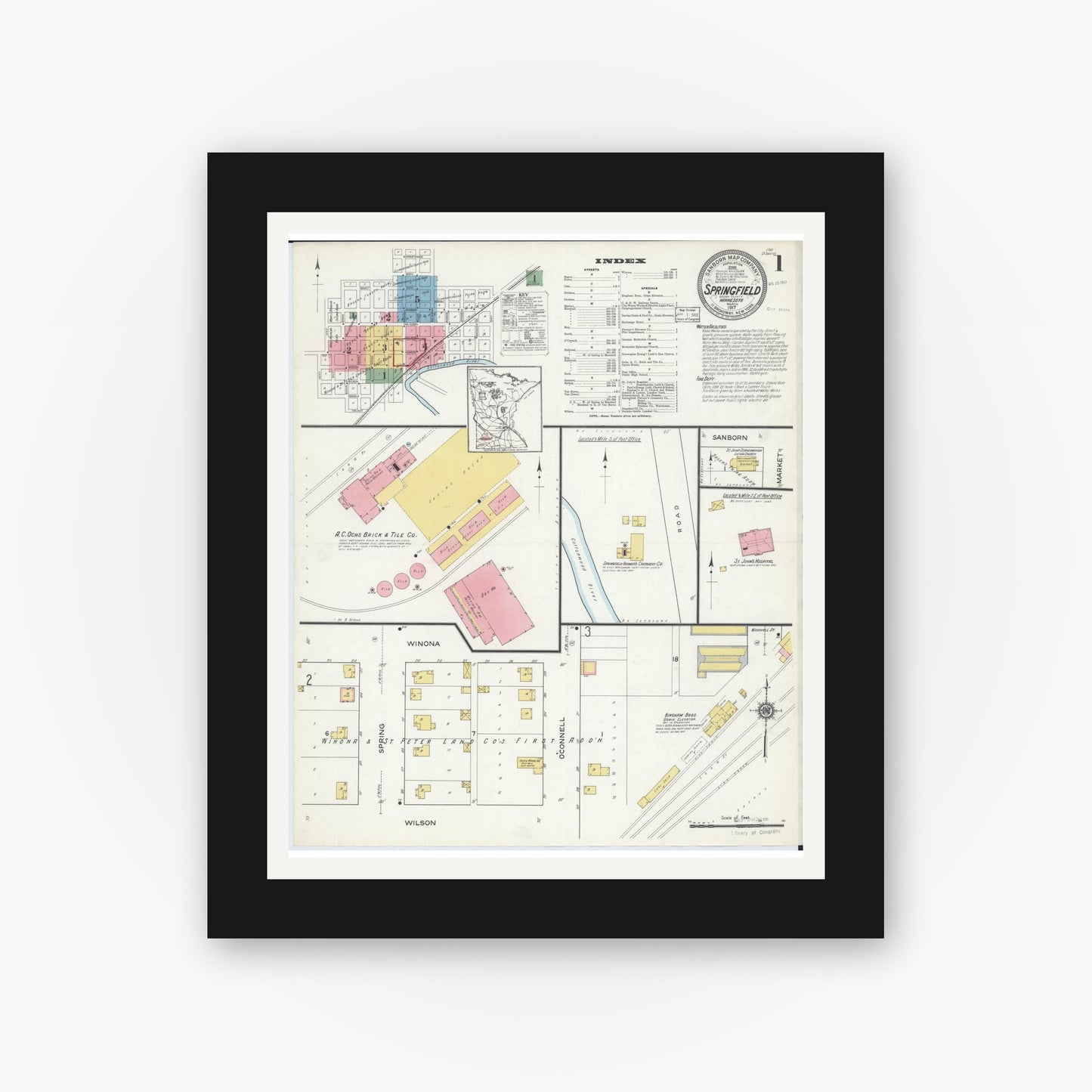 Old map wall art mockup — black gallery frame with white mat — Sanborn Fire Insurance Map from Springfield, Brown County, Minnesota (1917) - Complete Map Set