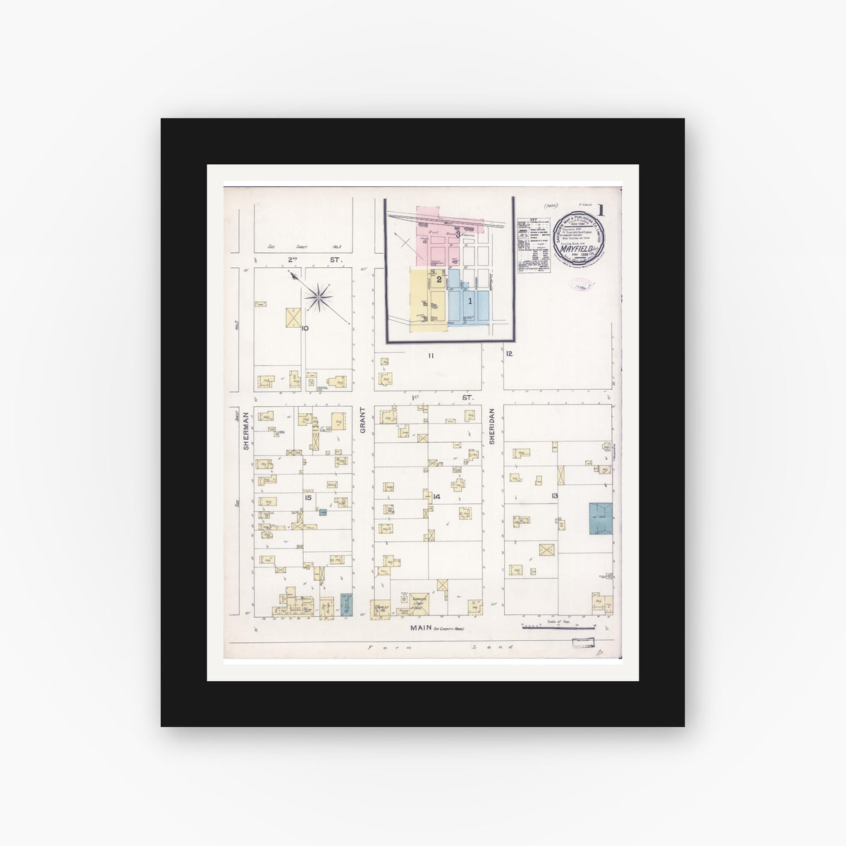 Old map wall art mockup — black gallery frame with white mat — Sanborn Fire Insurance Map from Mayfield, Santa Clara County, California (1888) - Complete Map Set