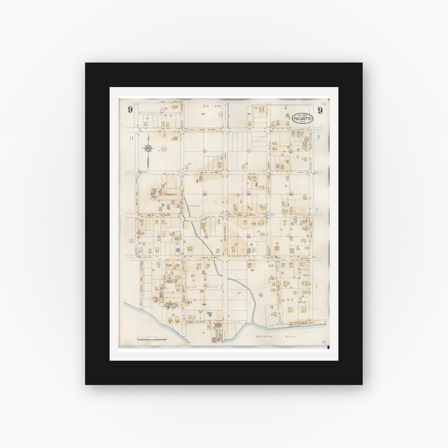 Old map wall art mockup — black gallery frame with white mat — Sanborn Fire Insurance Map from Palmetto, Manatee County, Florida (1944), Sheet #0009