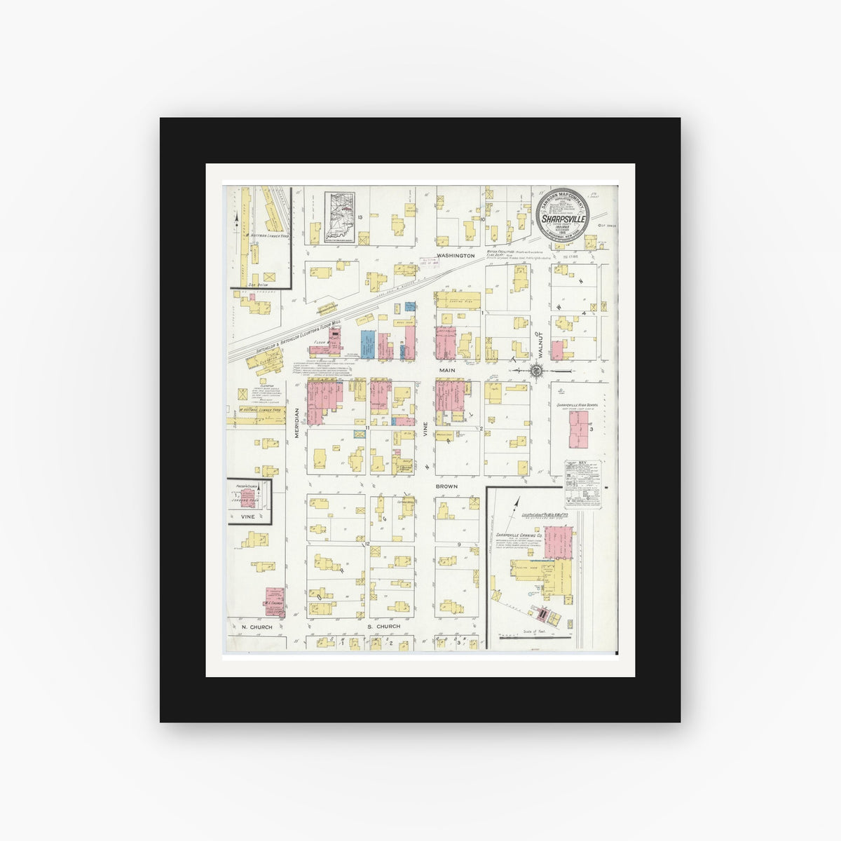 Old map wall art mockup — black gallery frame with white mat — Sanborn Fire Insurance Map from Sharpsville, Tipton County, Indiana (1915), Sheet #0001