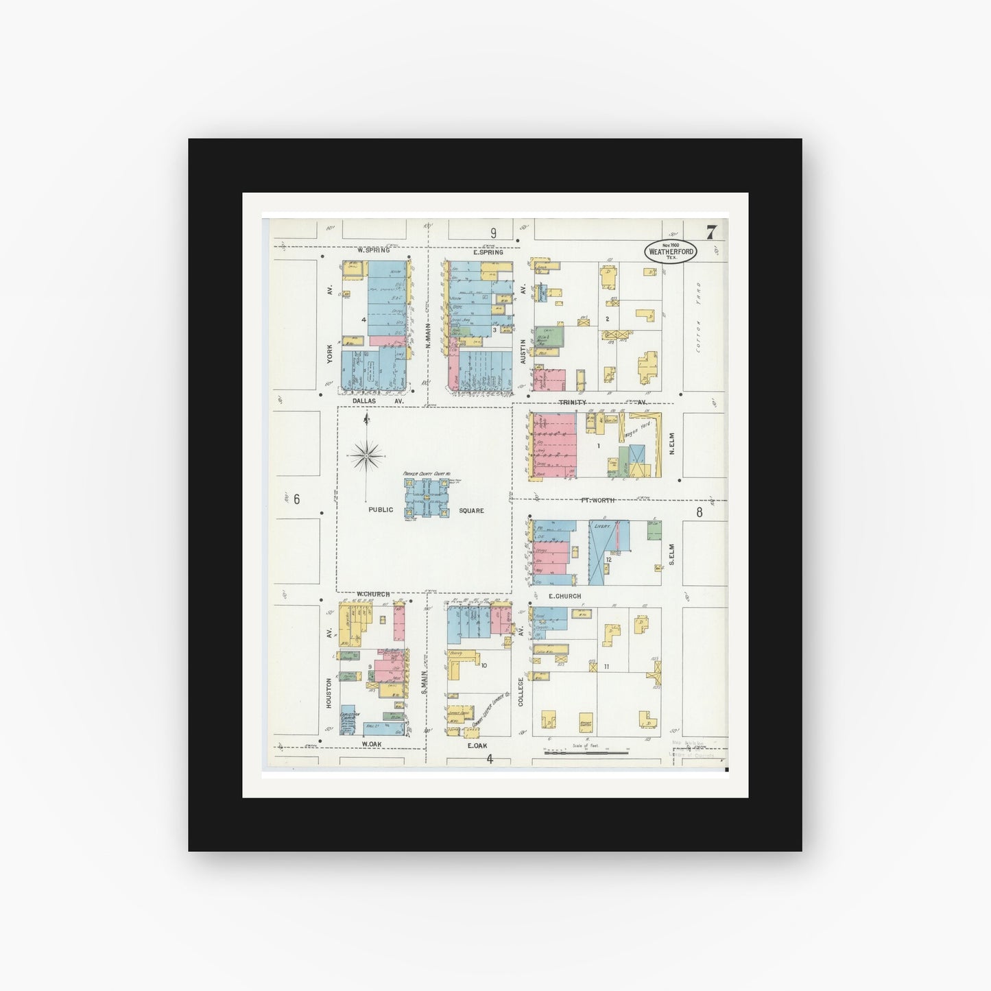 Old map wall art mockup — black gallery frame with white mat — Sanborn Fire Insurance Map from Weatherford, Parker County, Texas (1900), Sheet #0007