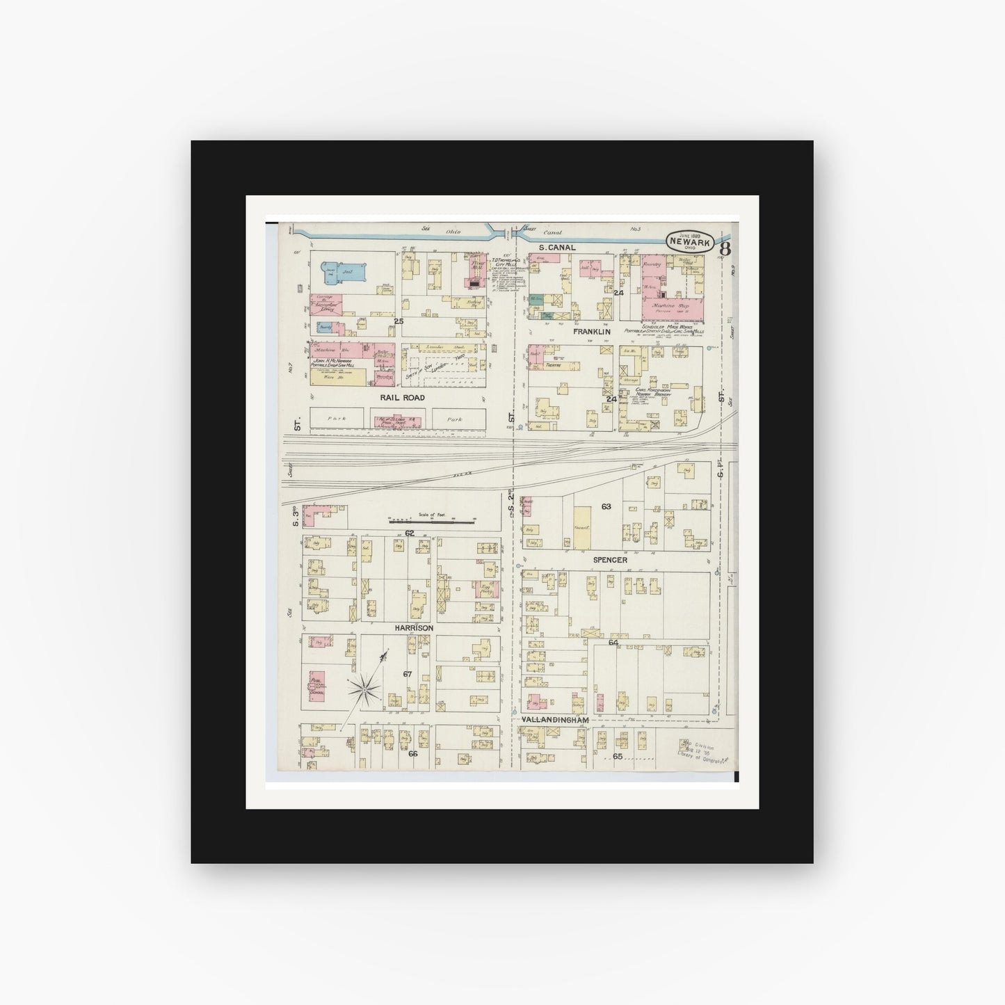 Old map wall art mockup — black gallery frame with white mat — Sanborn Fire Insurance Map from Newark, Licking County, Ohio (1889), Sheet #0008