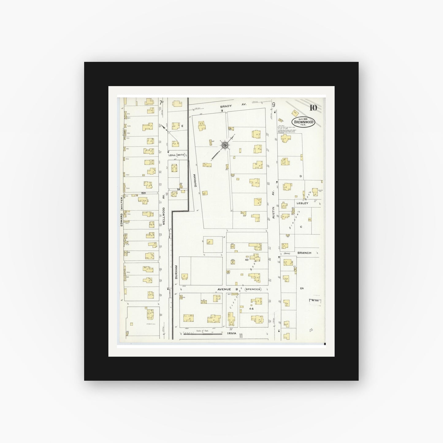 Old map wall art mockup — black gallery frame with white mat — Sanborn Fire Insurance Map from Brownwood, Brown County, Texas (1909), Sheet #0010