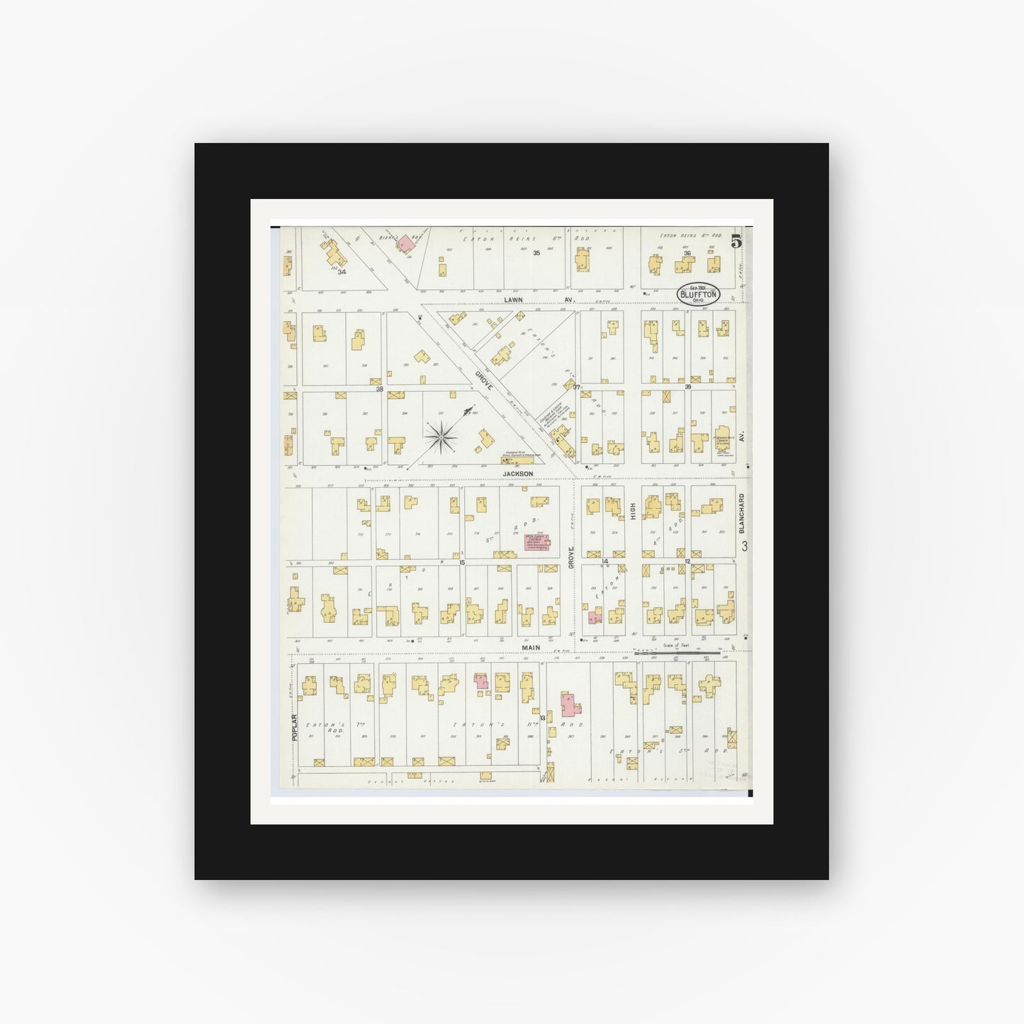 Old map wall art mockup — black gallery frame with white mat — Sanborn Fire Insurance Map from Bluffton, Allen County, Ohio (1901), Sheet #0005