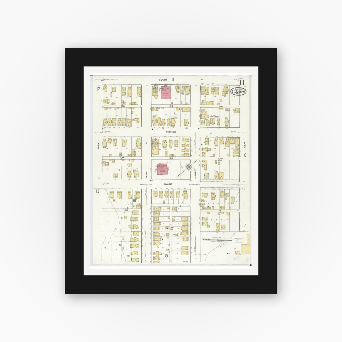 Old map wall art mockup — black gallery frame with white mat — Sanborn Fire Insurance Map from Saint Joseph, Berrien County, Michigan (1921), Sheet #0011
