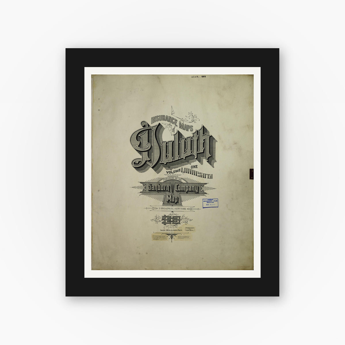 Old map wall art mockup — black gallery frame with white mat — Sanborn Fire Insurance Map from Duluth, Saint Louis County, Minnesota (1950), Sheet #0001