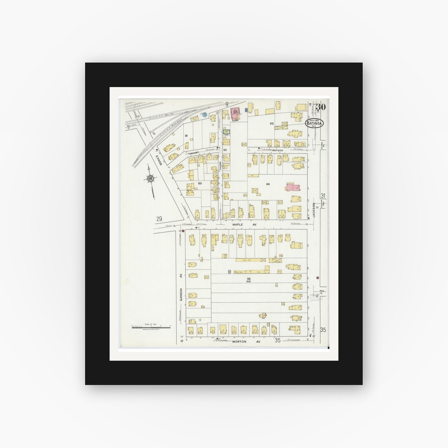 Old map wall art mockup — black gallery frame with white mat — Sanborn Fire Insurance Map from Batavia, Genesee County, New York (1919), Sheet #0030