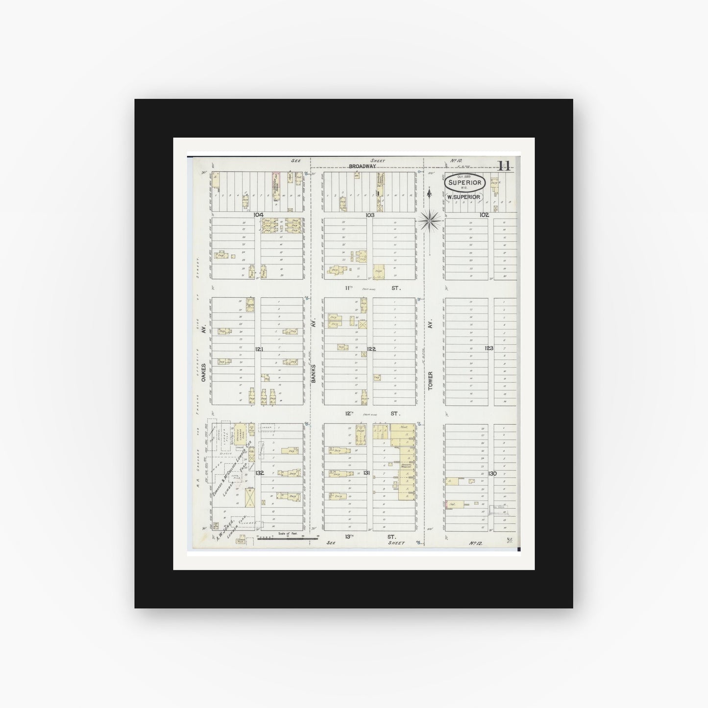 Old map wall art mockup — black gallery frame with white mat — Sanborn Fire Insurance Map from Superior, Douglas County, Wisconsin (1887), Sheet #0011
