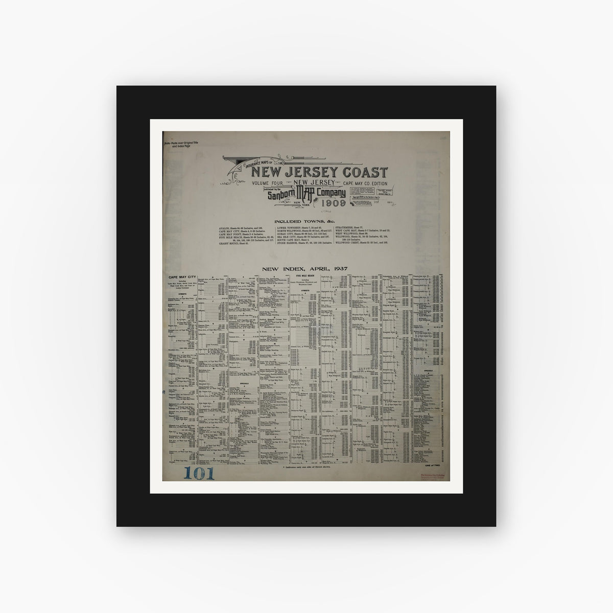 Old map wall art mockup — black gallery frame with white mat — Sanborn Fire Insurance Map from New Jersey Coast, New Jersey Coast, New Jersey (1945), Sheet #0001