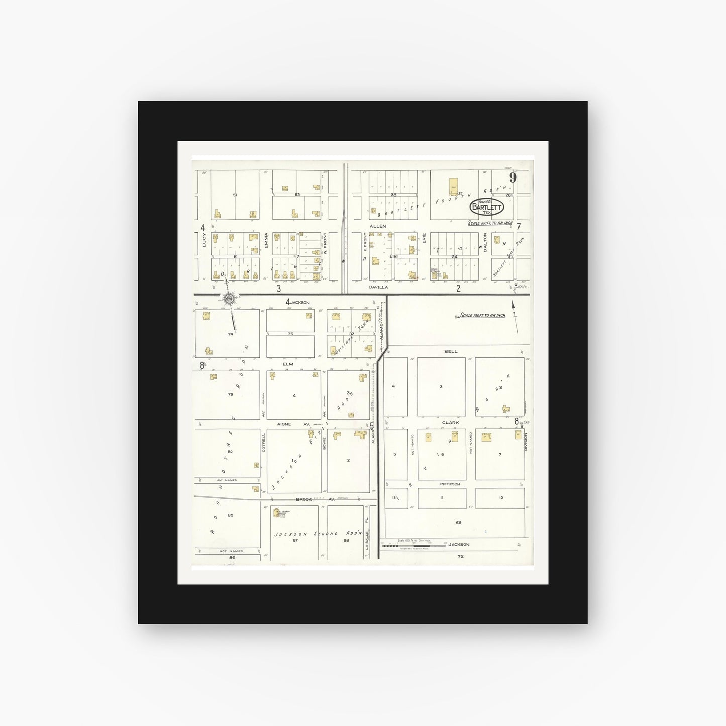 Old map wall art mockup — black gallery frame with white mat — Sanborn Fire Insurance Map from Bartlett, Bell and Williamson Counties, Texas (1921), Sheet #0009