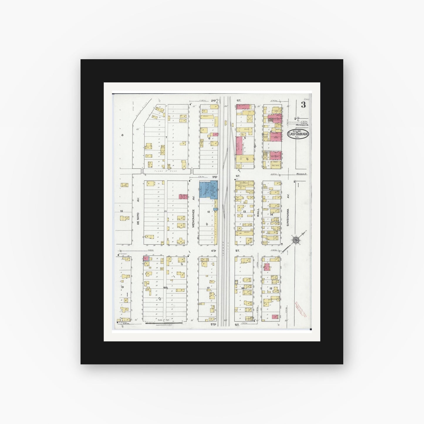 Old map wall art mockup — black gallery frame with white mat — Sanborn Fire Insurance Map from East Dubuque, Jo Daviess County, Illinois (1921), Sheet #0003