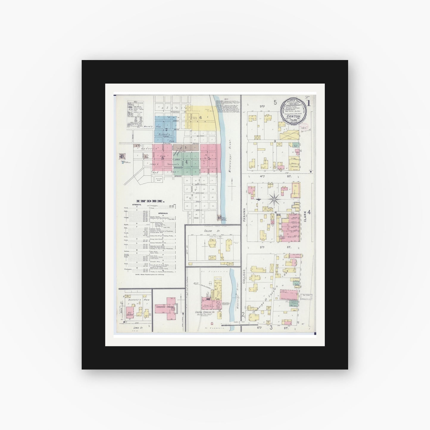 Old map wall art mockup — black gallery frame with white mat — Sanborn Fire Insurance Map from Canton, Lewis County, Missouri (1896) - Complete Map Set