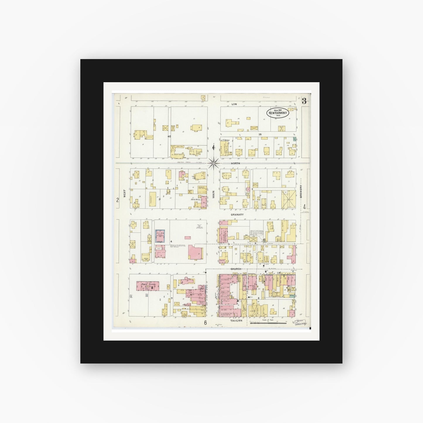Old map wall art mockup — black gallery frame with white mat — Sanborn Fire Insurance Map from New Harmony, Posey County, Indiana (1907), Sheet #0003