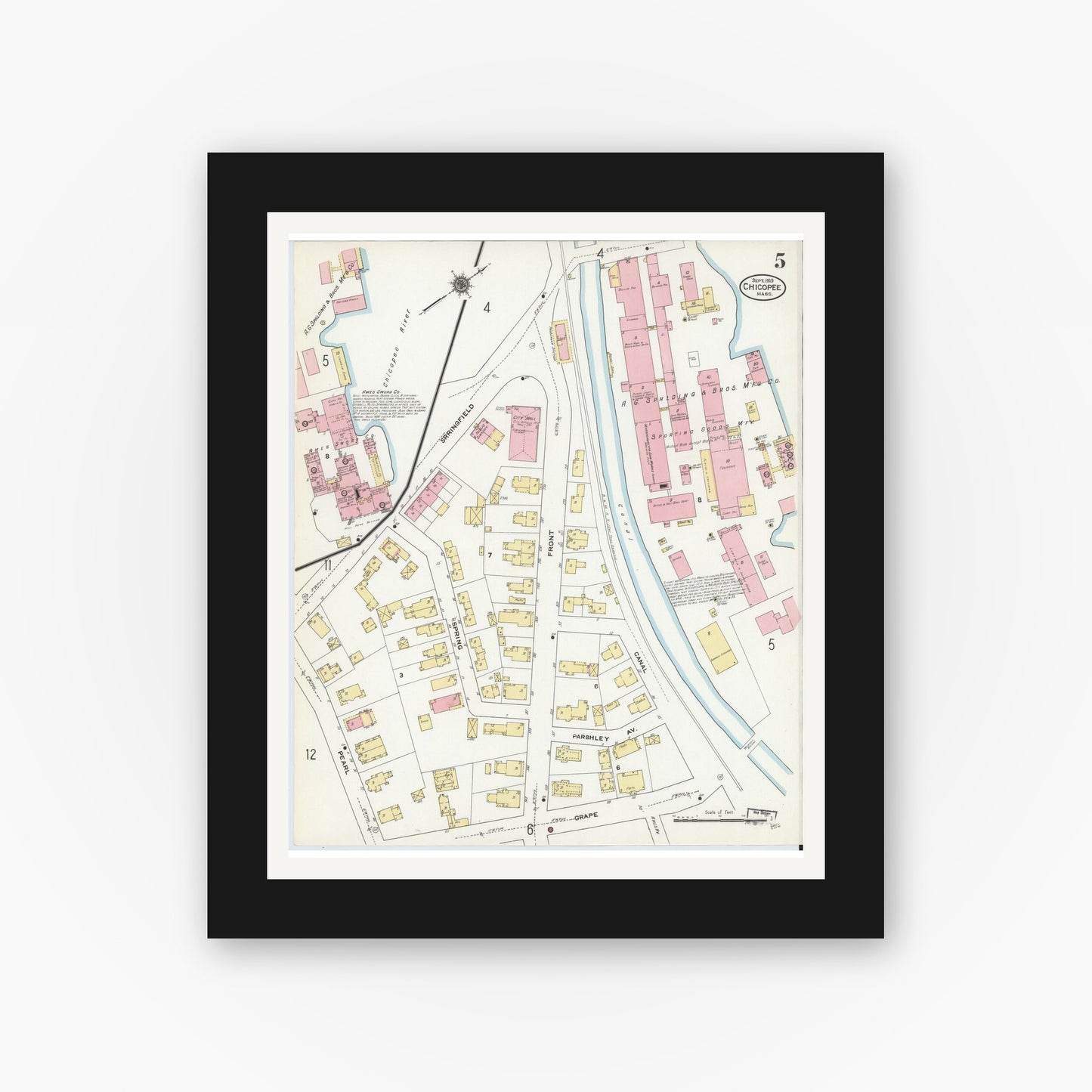 Old map wall art mockup — black gallery frame with white mat — Sanborn Fire Insurance Map from Chicopee, Hampden County, Massachusetts (1910), Sheet #0005