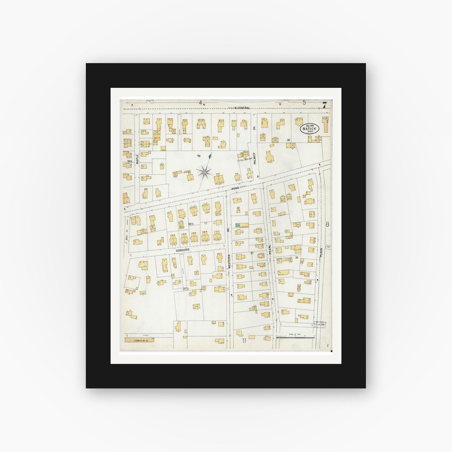 Old map wall art mockup — black gallery frame with white mat — Sanborn Fire Insurance Map from Natick, Middlesex County, Massachusetts (1899), Sheet #0007