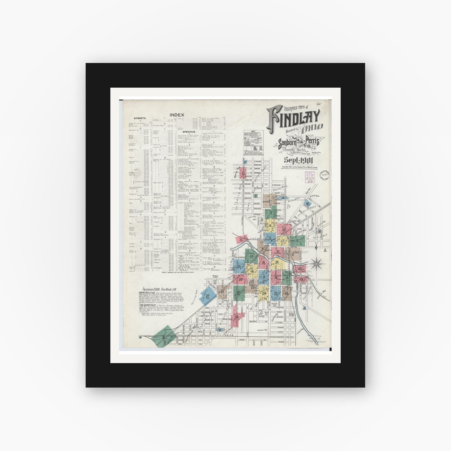 Old map wall art mockup — black gallery frame with white mat — Sanborn Fire Insurance Map from Findlay, Hancock County, Ohio (1901) - Complete Map Set