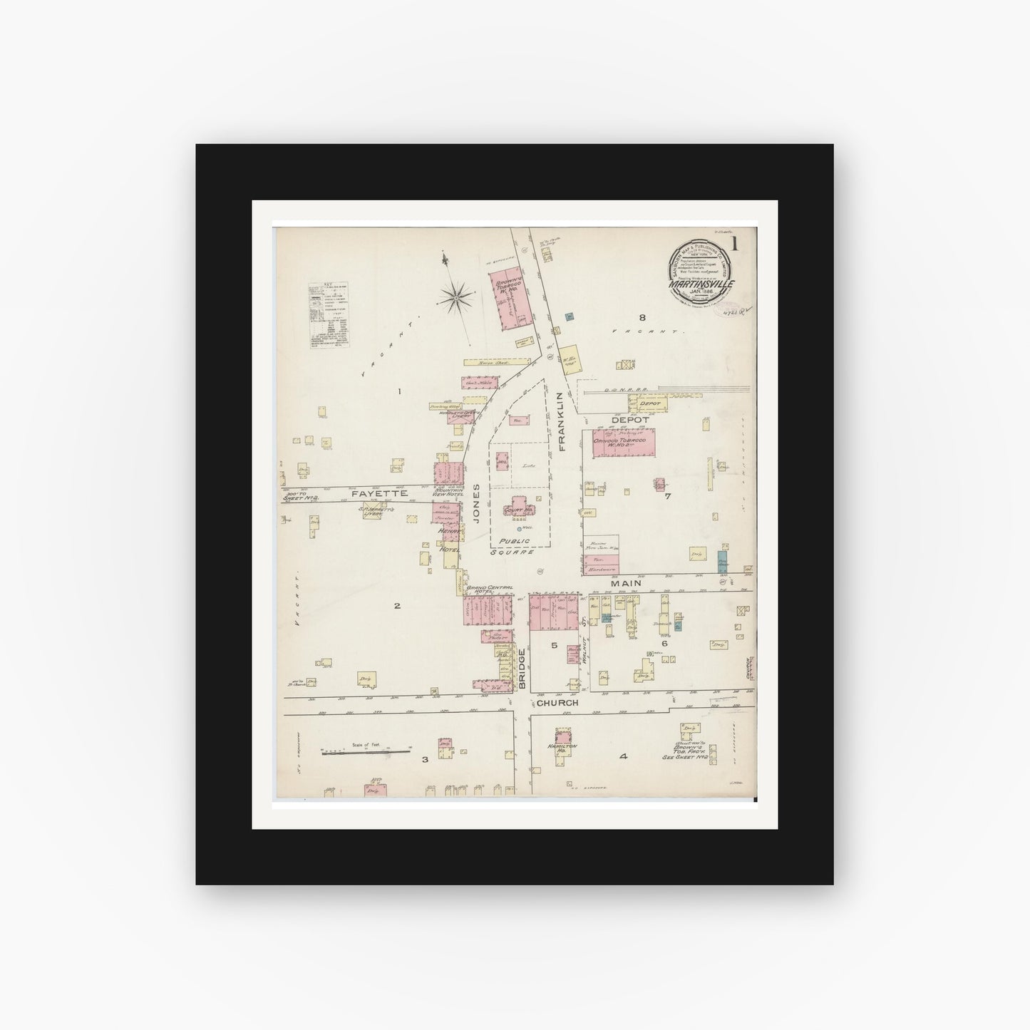 Old map wall art mockup — black gallery frame with white mat — Sanborn Fire Insurance Map from Martinsville, Independent Cities, Virginia (1886), Sheet #0001