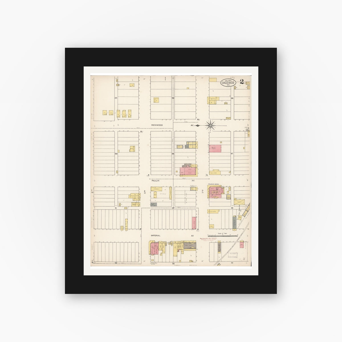 Old map wall art mockup — black gallery frame with white mat — Sanborn Fire Insurance Map from Calexico, Imperial County, California (1910), Sheet #0002