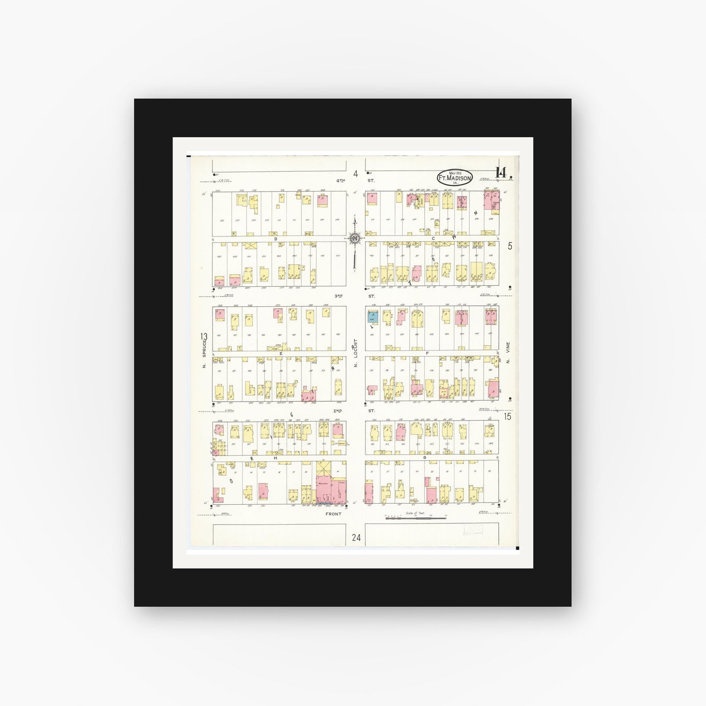 Old map wall art mockup — black gallery frame with white mat — Sanborn Fire Insurance Map from Fort Madison, Lee County, Iowa (1913), Sheet #0014