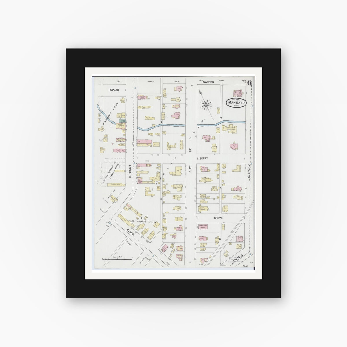 Old map wall art mockup — black gallery frame with white mat — Sanborn Fire Insurance Map from Mankato, Blue Earth County, Minnesota (1889), Sheet #0006